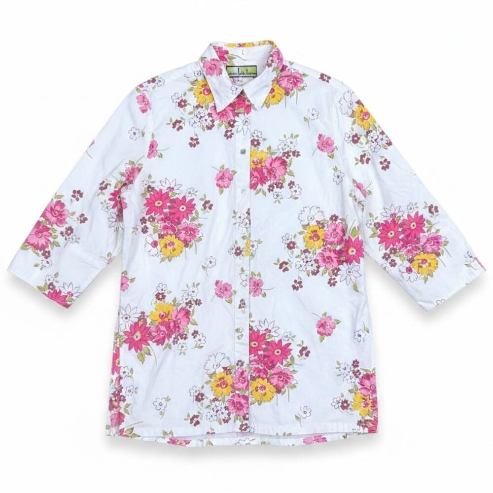 Vintage 90s LOCO LINDO Small Top Blouse White Pink Floral Novelty Button Front